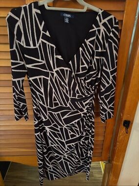 Chaps Black & Cream Geometric Surplice Wrap Dress